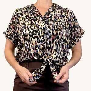Beachlunchlounge Leopard Print Camp Shirt Tie Front Medium Rayon Top